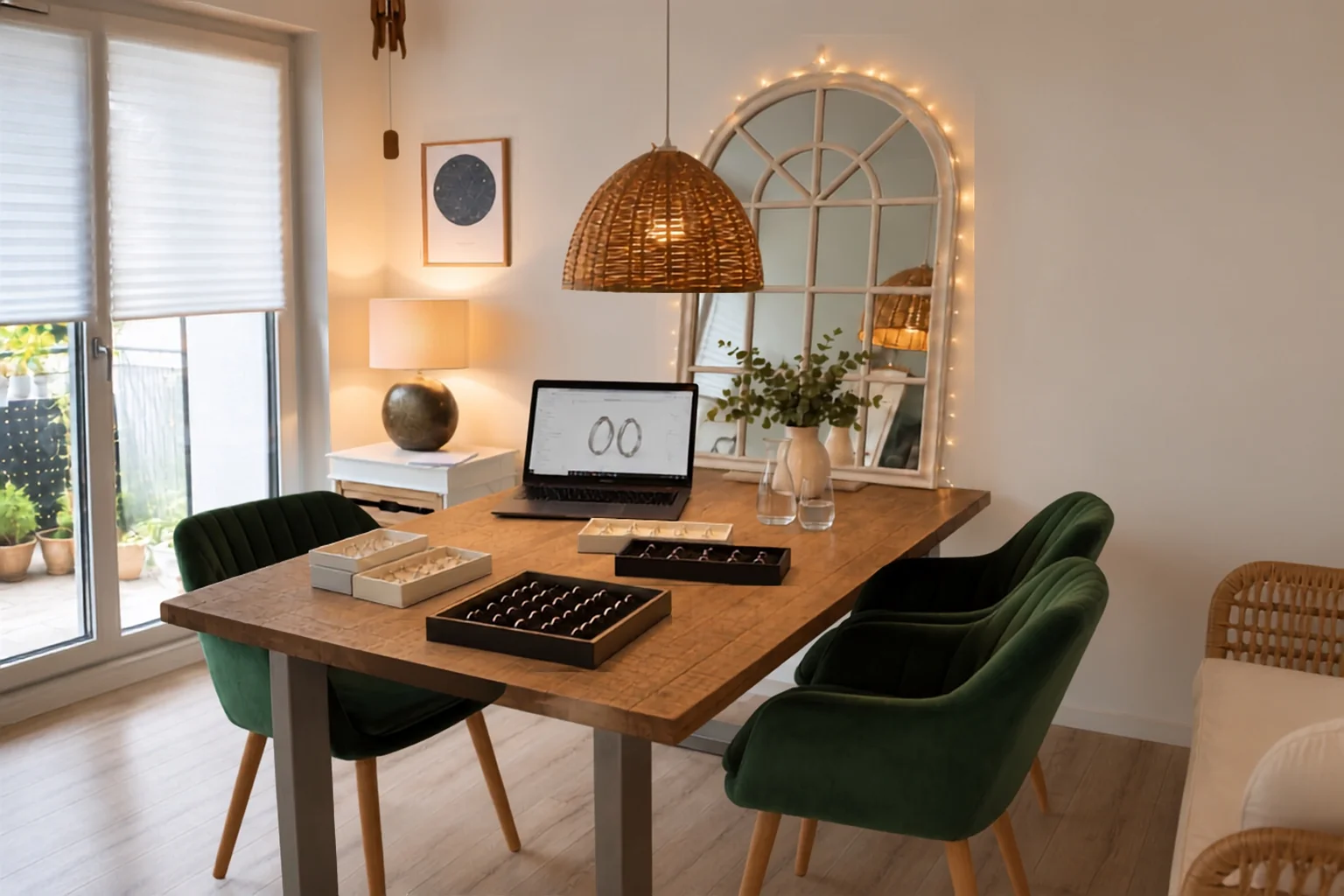 Trauring-Lounge in Rodgau bei Frankfurt mit Ringtabletts auf dem Beratungstisch