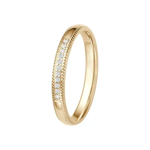 Ehering in Gelbgold mit Perlierung und Pavé-Brillanten, Detailansicht