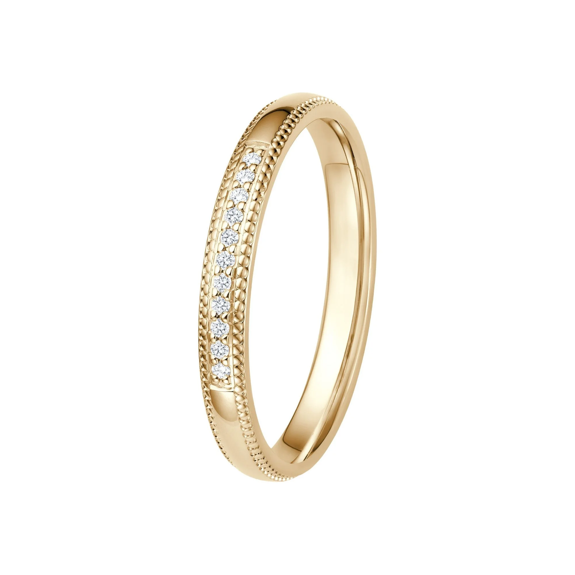Ehering in Gelbgold mit Perlierung und Pavé-Brillanten, Detailansicht