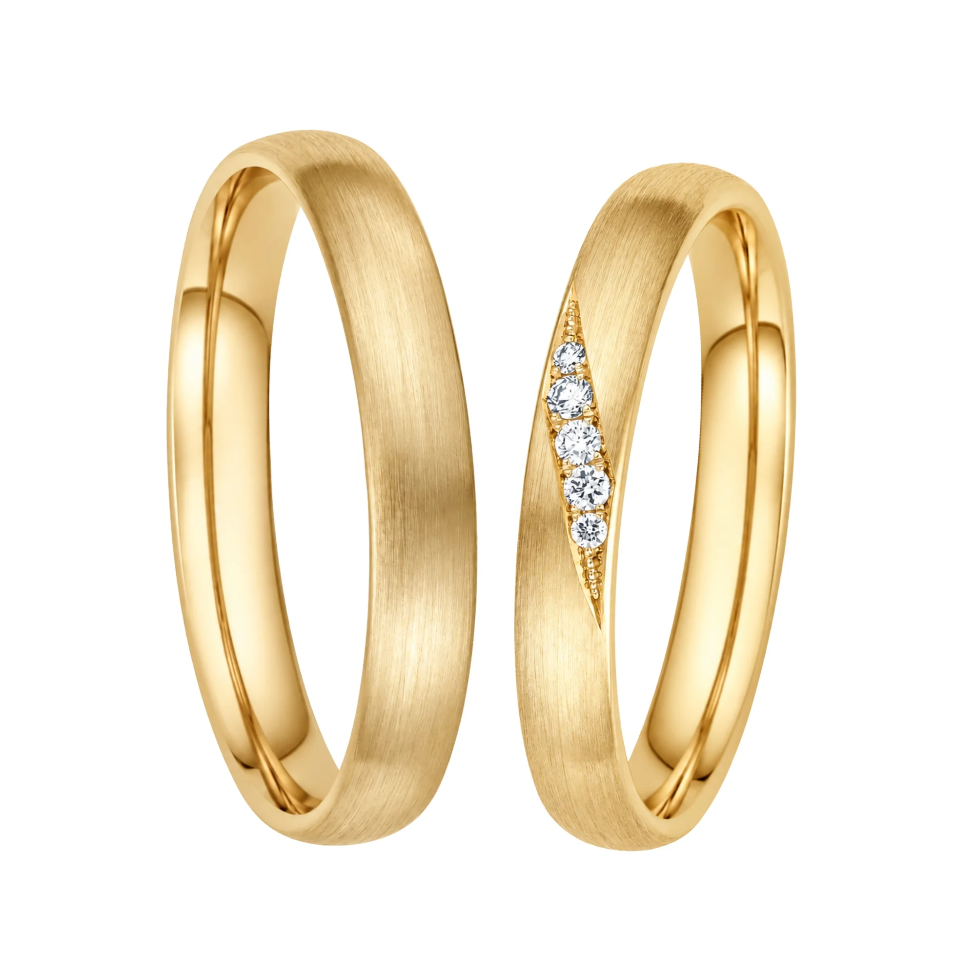 Trauringe strichmatt mit Brillantverlauf in Gelbgold, Herren- und Damenring