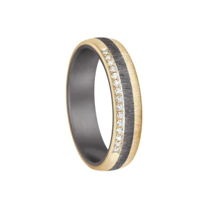 Damenring aus Tantal mit Gelbgold-Mittelstreifen und 15 Pavé-Brillanten, quermatt