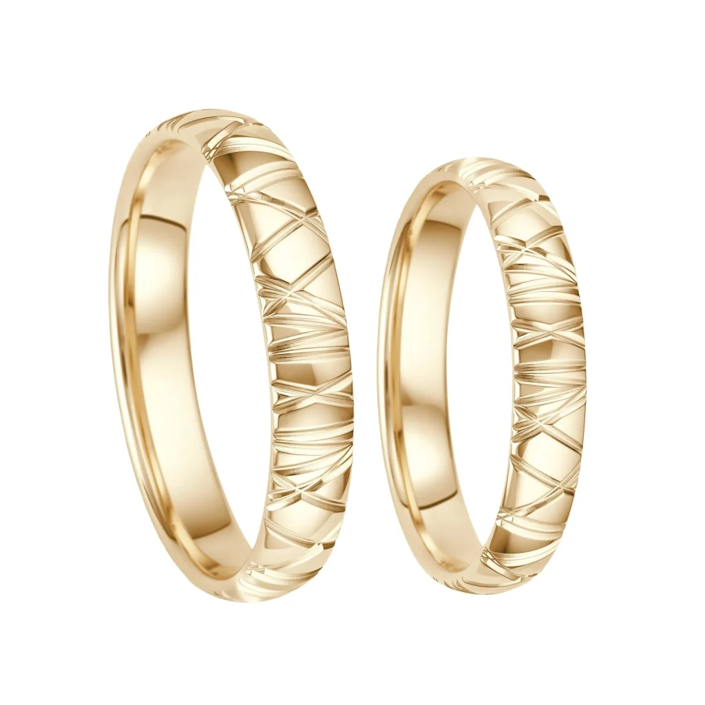 Trauringe Gelbgold 585 poliert mit markanter Linienstruktur, 4 mm, ohne Stein – Paar MainTrauring 01-1595