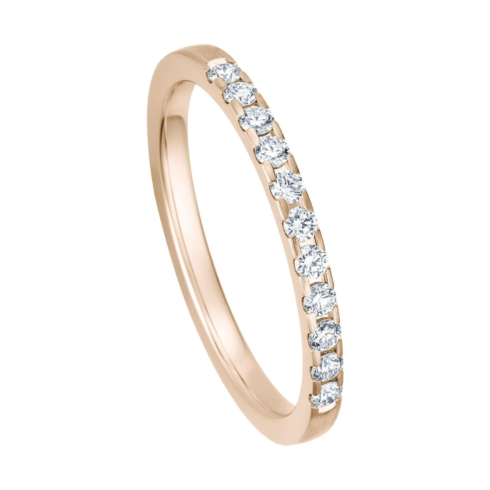 Damenring strichmatt in Roségold 585, 1,8 mm breit, 11 Brillanten über die halbe Ringschiene – MainTrauring