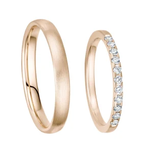 Trauringe strichmatt in Roségold 585 – Herrenring 3 mm und Damenring 1,8 mm mit 11 Brillanten – MainTrauring