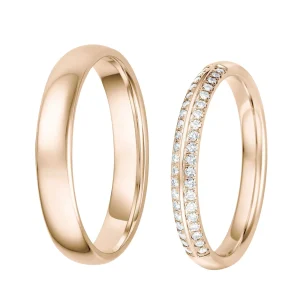 Trauringe Roségold 585 poliert – Damenring mit 40 Brillanten in zweireihiger Pavé-Fassung, Herrenring 4 mm, MainTrauring 01-1602
