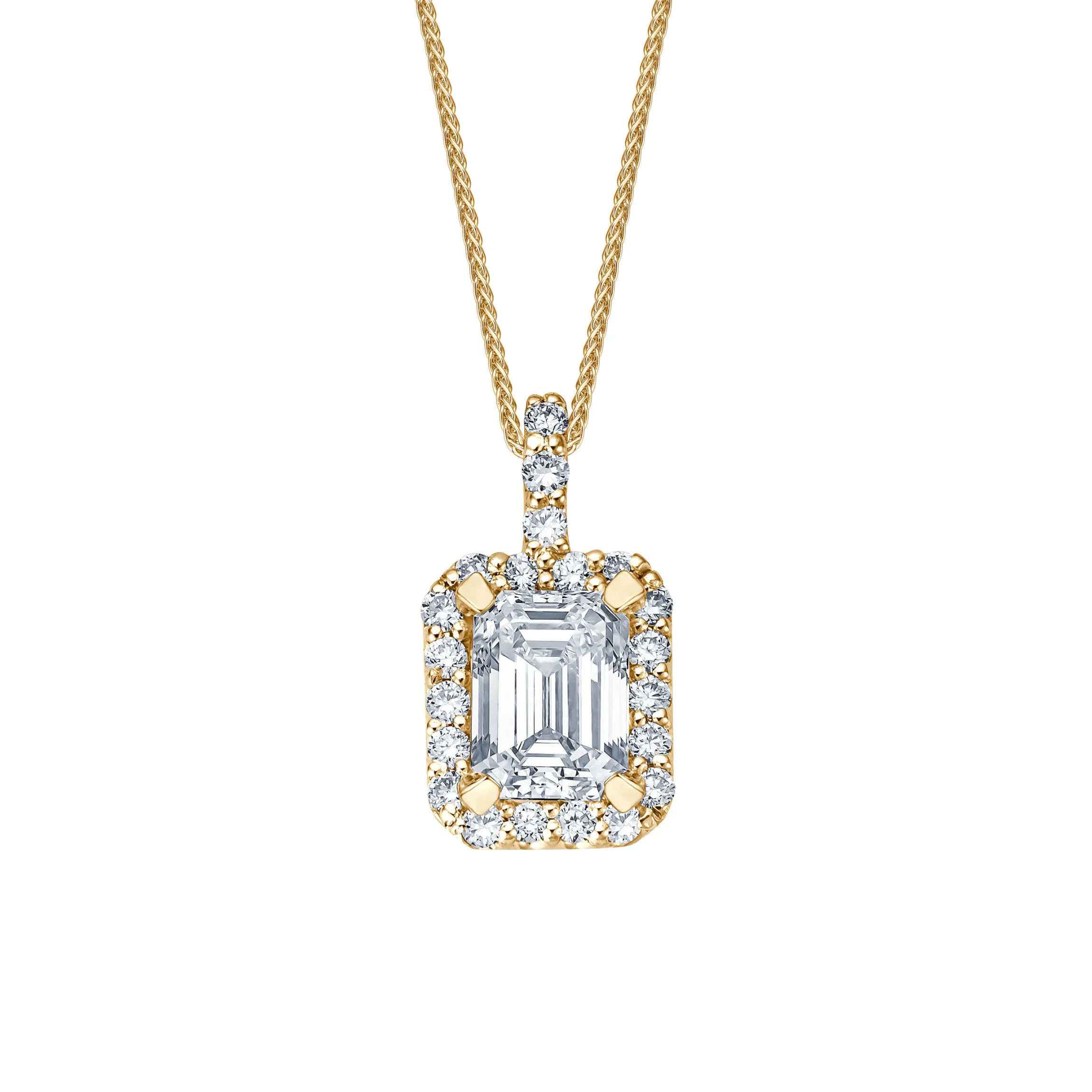 Emerald-Cut-Diamant-Anhänger mit Brillantkranz an Gelbgoldkette 585