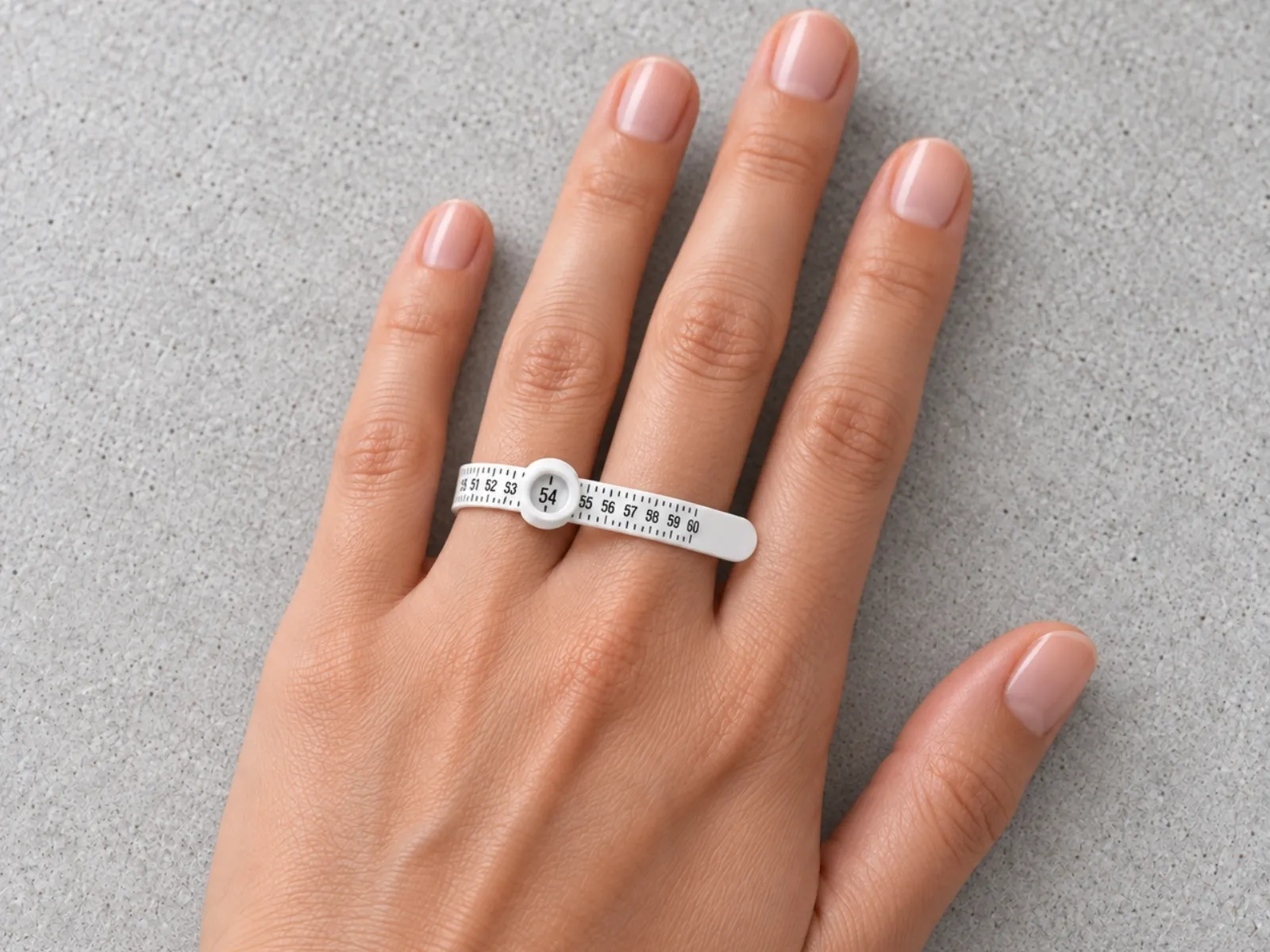 Ringmaßband am Finger, abgelesene Ringgröße 54