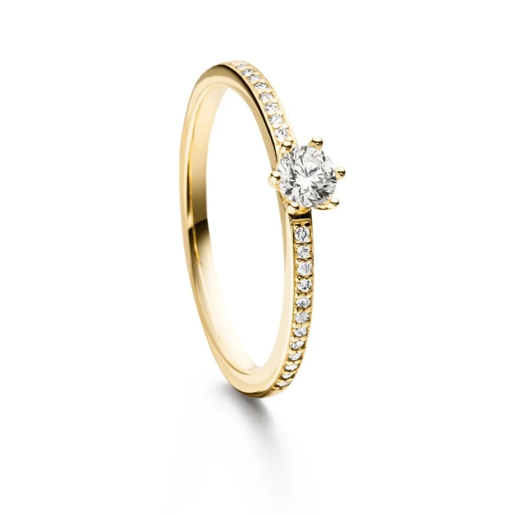 Verlobungsring Solitär mit Brillantschiene in Gelbgold 585